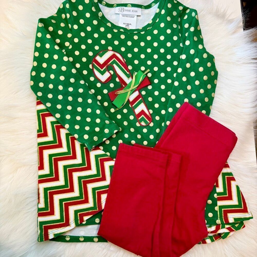 Bonnie Jean Toddler Girls Green Foil Dot Candy Cane Top/Legging Set 3T Preowned